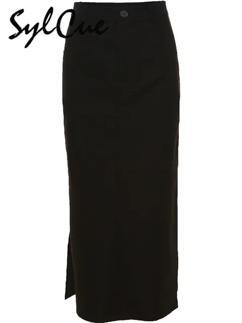 Sylcue Simple Black Split Sexy Slim Hot Versatile Light Cool Thin Summer Women's Mature Feminine Charm Street Skirt Long