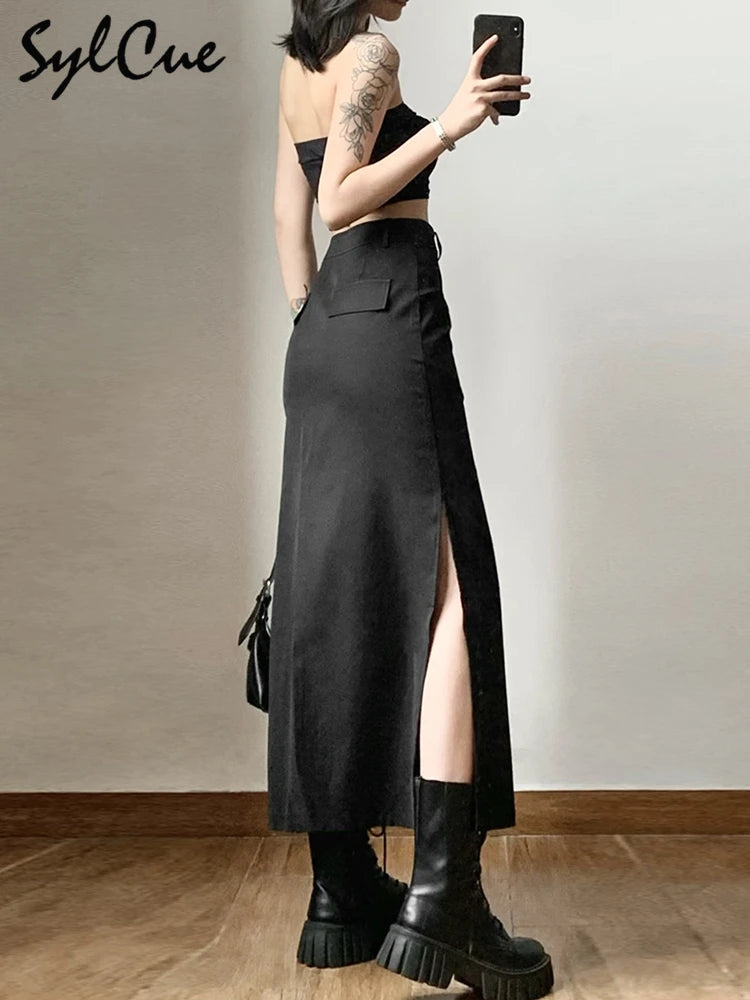 Sylcue Simple Black Split Sexy Slim Hot Versatile Light Cool Thin Summer Women's Mature Feminine Charm Street Skirt Long