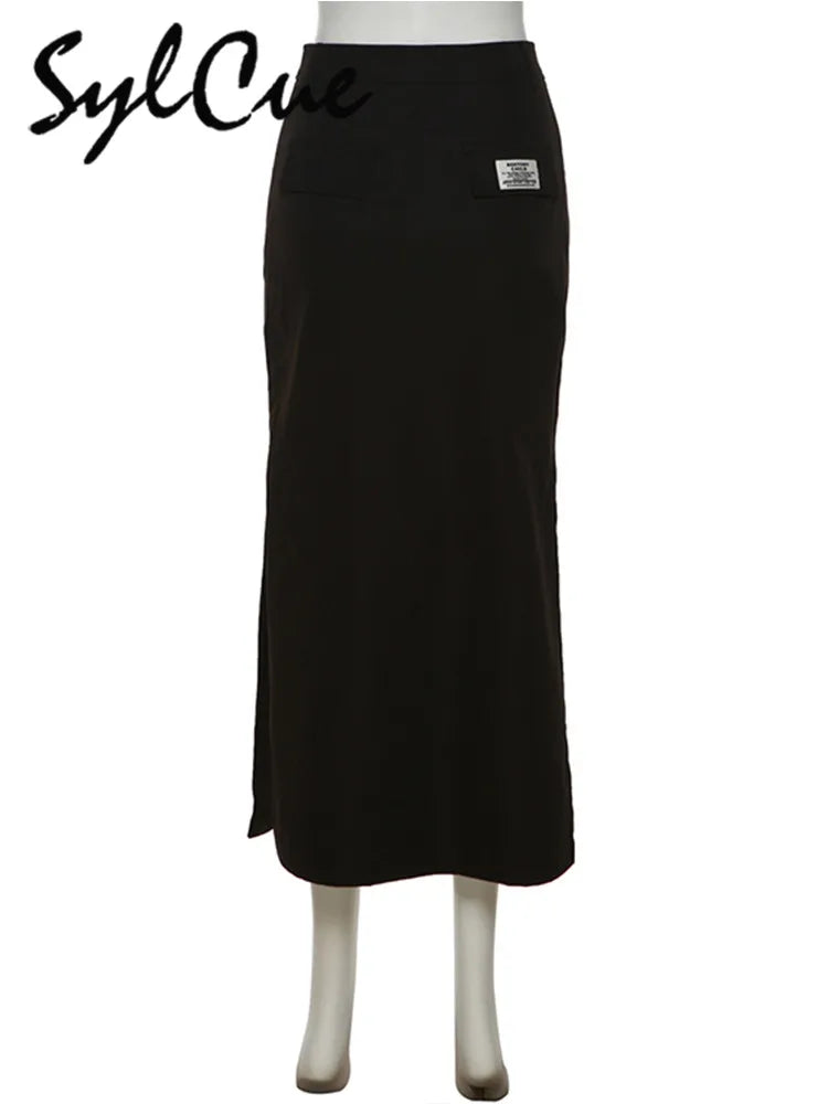 Sylcue Simple Black Split Sexy Slim Hot Versatile Light Cool Thin Summer Women's Mature Feminine Charm Street Skirt Long