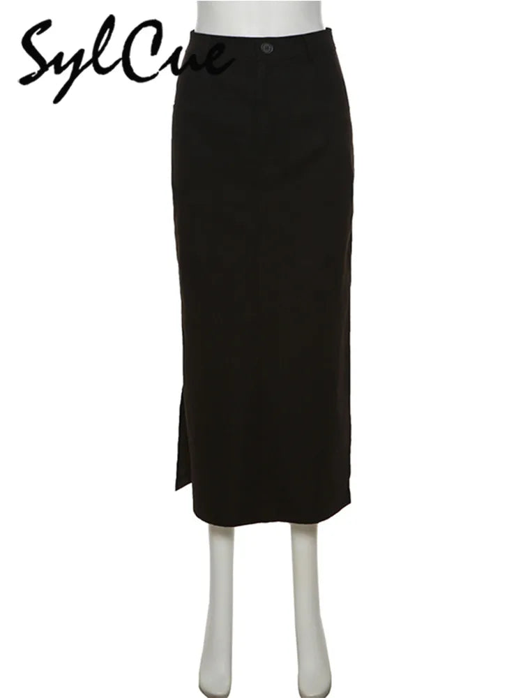 Sylcue Simple Black Split Sexy Slim Hot Versatile Light Cool Thin Summer Women's Mature Feminine Charm Street Skirt Long