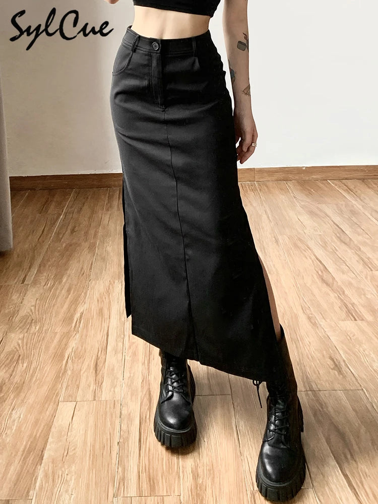 Sylcue Simple Black Split Sexy Slim Hot Versatile Light Cool Thin Summer Women's Mature Feminine Charm Street Skirt Long