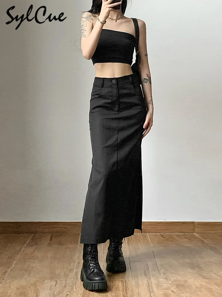 Sylcue Simple Black Split Sexy Slim Hot Versatile Light Cool Thin Summer Women's Mature Feminine Charm Street Skirt Long